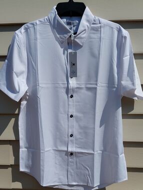 JEKAOYI Men's White Short-Sleeve Button-Up Shirt   Size Medium